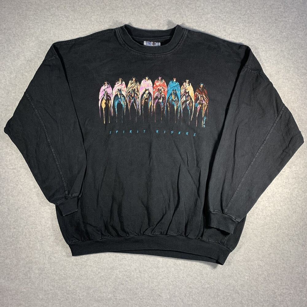 VTG Time Out Spirit Riders Crewneck Sweater Men's Size XXL Black Double Sided